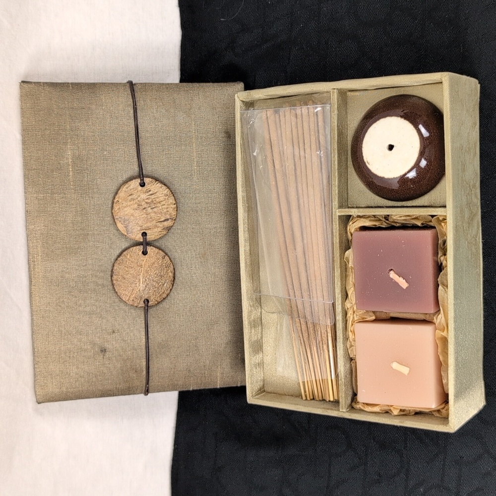 INCENSE, INCENSE HOLDER AND CANDLES IN A SILK BOX